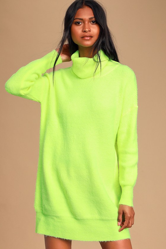 Snuggly Occasion Neon Yellow Turtleneck Midi Sweater Dress