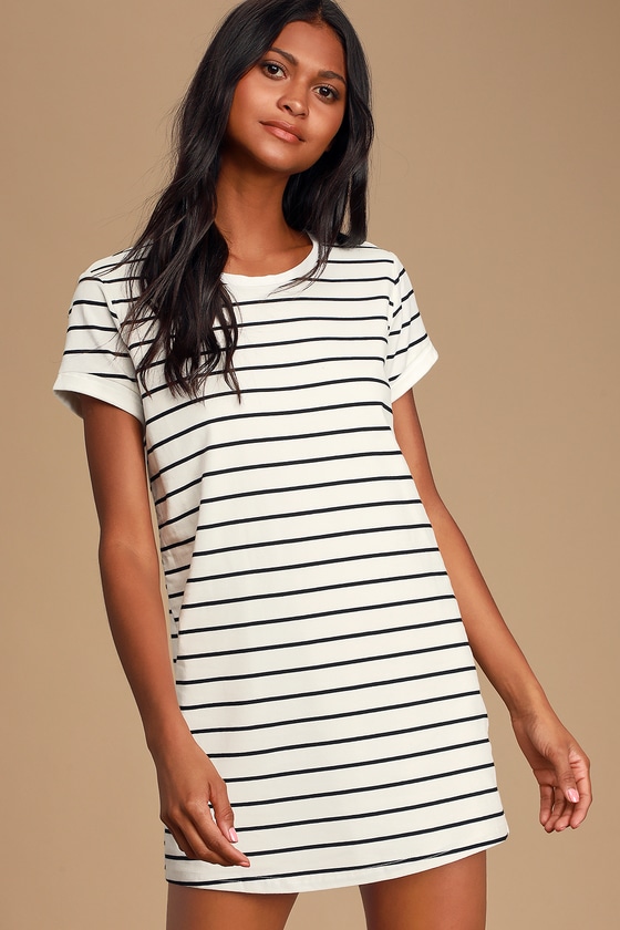 black and white striped shift dress