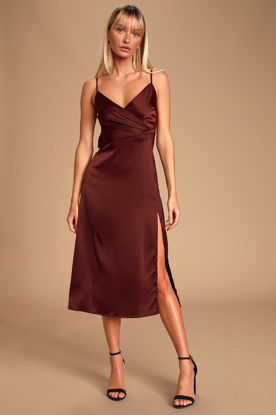burgundy satin midi dress
