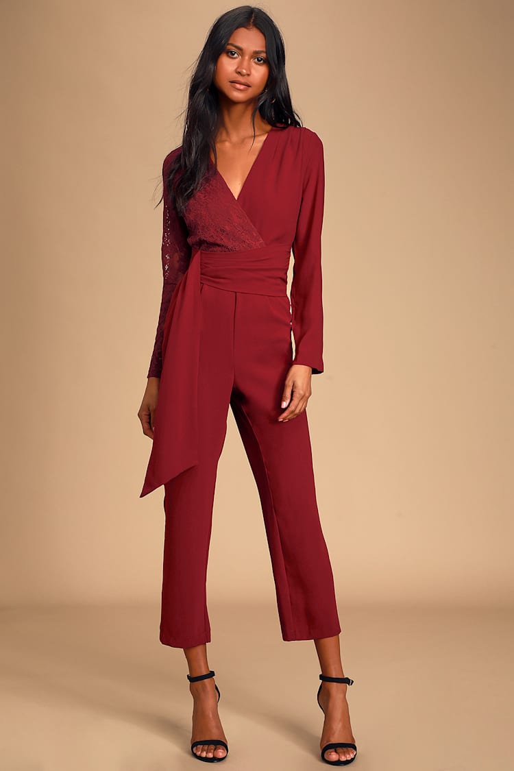 vinter Creek Tørke Chic Burgundy Jumpsuit - Lace Jumpsuit - Long Sleeve Jumpsuit - Lulus