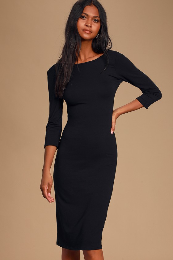 Black Midi Bodycon Dress With Sleeves ...