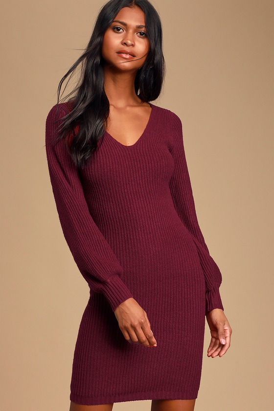 Knit Burgundy Dress - Sweater Dress - Statement Sleeve Dress - Lulus
