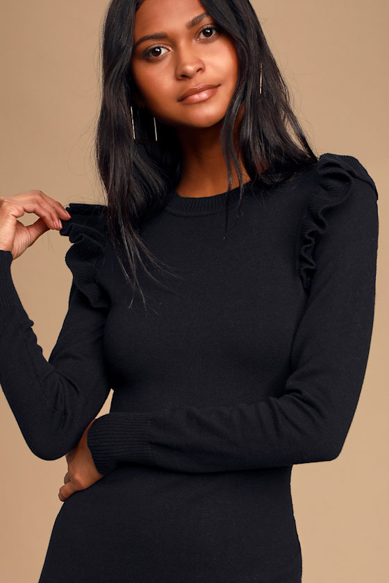 Sweater Weather Black Ruffled Long Sleeve Sweater Dress 7