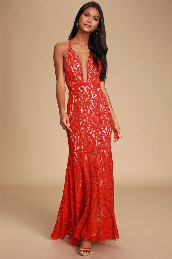 Lovely Red and Nude Dress - Lace Maxi Dress - Mermaid Dress - Lulus