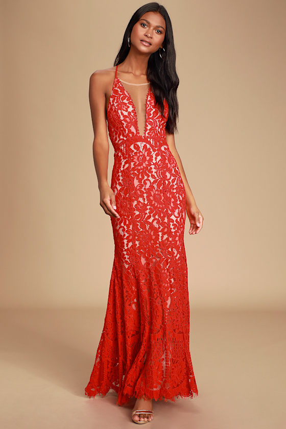 Practically Perfect Red and Nude Lace Mermaid Maxi Dress 1