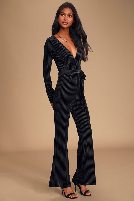 Black Velvet Jumpsuit - Long Sleeve Jumpsuit - Striped Jumpsuit - Lulus