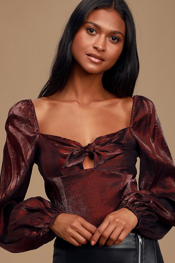 red satin tie front top