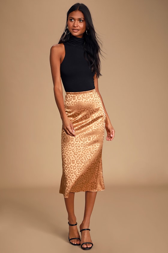 Wild Adventure Light Brown Leopard-Embossed Satin Midi Skirt 1