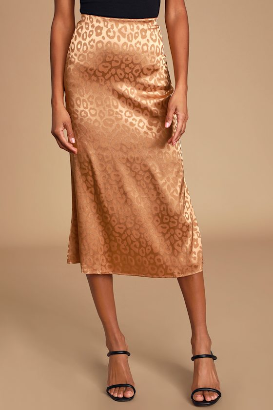 Wild Adventure Light Brown Leopard-Embossed Satin Midi Skirt 2