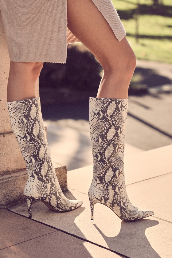 Kinga Natural Snake Pointed Toe Knee High Boots