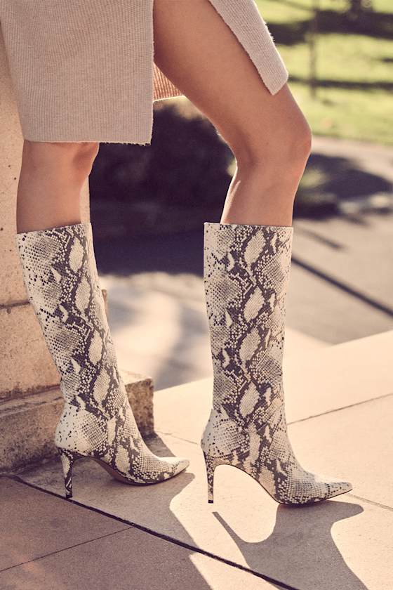 Kinga Natural Snake Pointed-Toe Knee High Boots 5