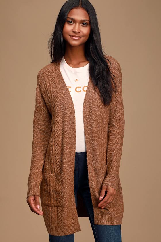 Words of Love Light Brown Cable Knit Long Cardigan Sweater 1