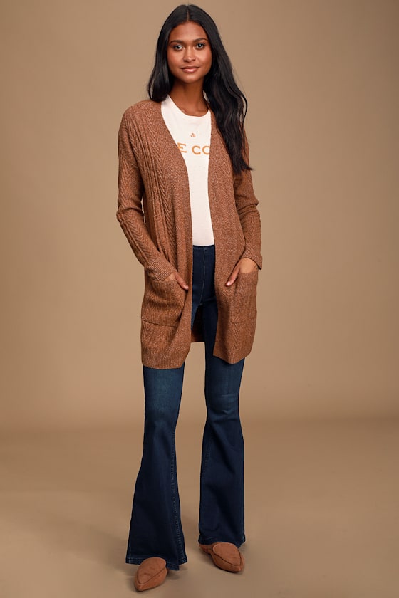 Words of Love Light Brown Cable Knit Long Cardigan Sweater 3