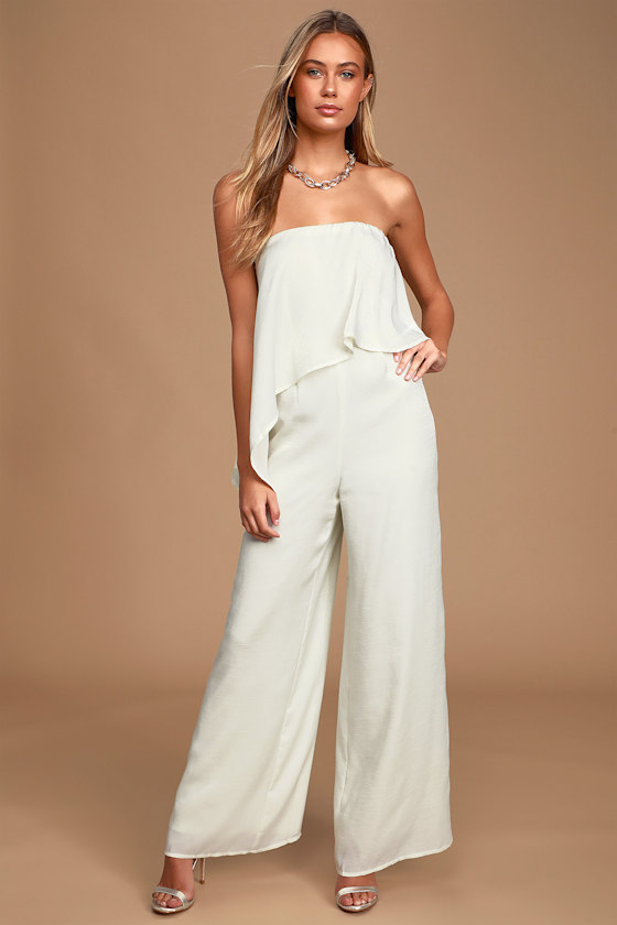 Raven Cream Satin Strapless Wide Leg Jumpsuit 5