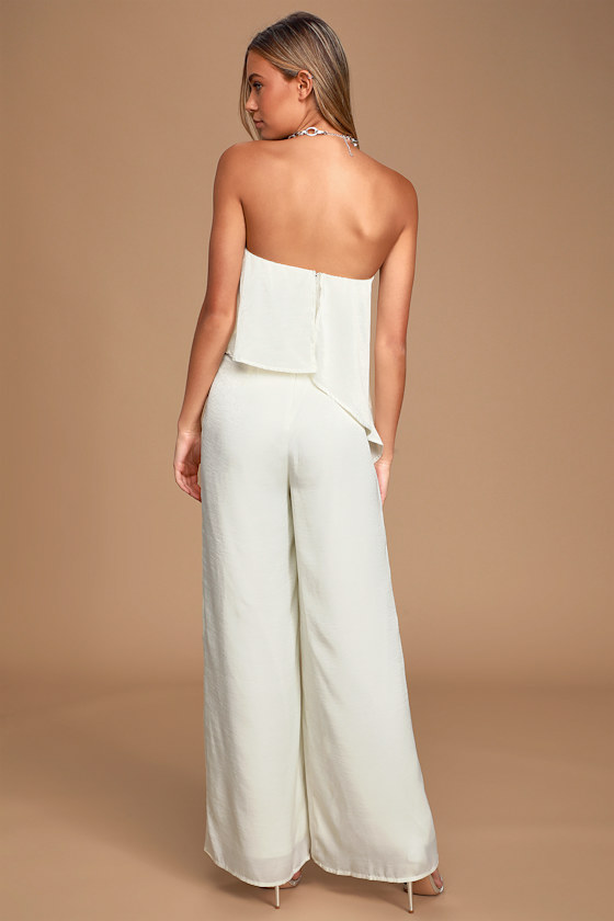Raven Cream Satin Strapless Wide Leg Jumpsuit 2