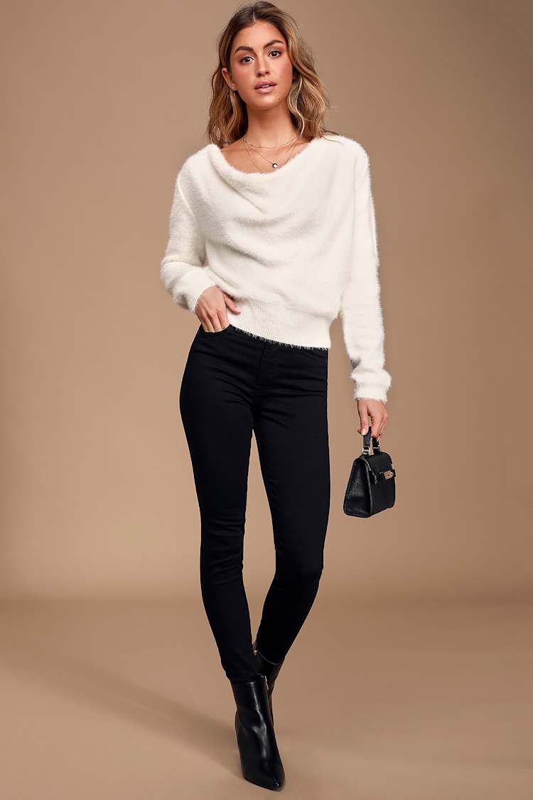 Care For You White Eyelash Knit Cowl Neck Reversible Sweater