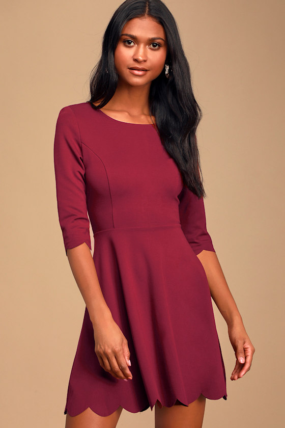 Burgundy Skater Dress Long Sleeve Dress Skater Dress Lulus