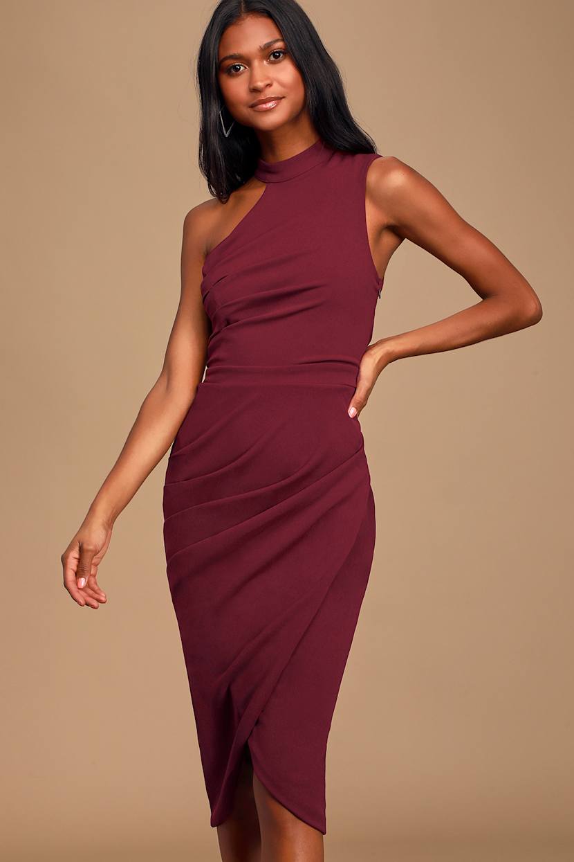 Pretty Burgundy Dress - Asymmetrical Midi Dress - Tulip Hem Dress
