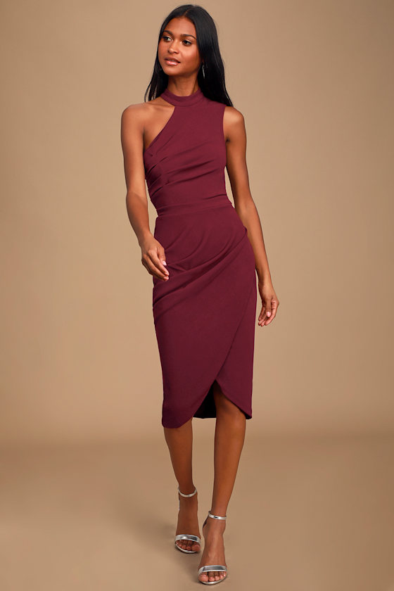 Apple of My Eye Burgundy Asymmetrical Tulip Hem Midi Dress 1