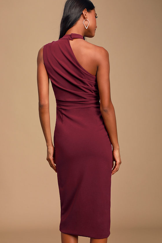 Apple of My Eye Burgundy Asymmetrical Tulip Hem Midi Dress 4