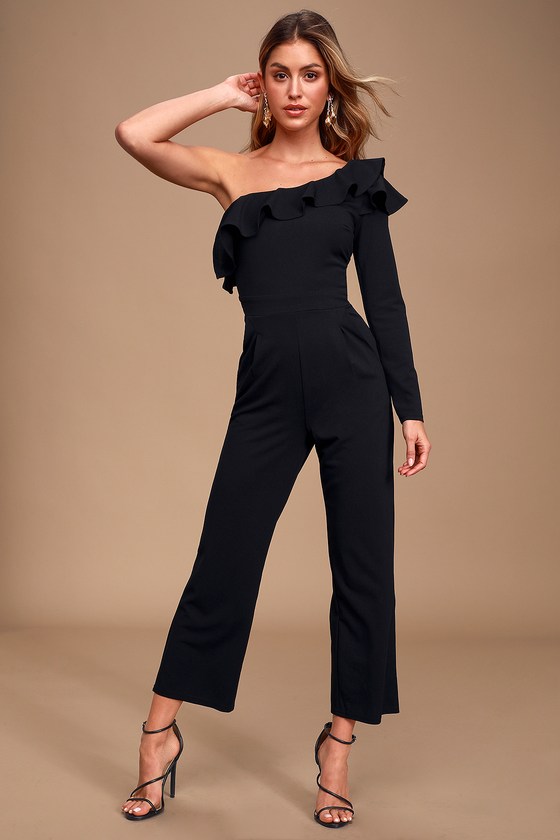 Glam Black Jumpsuit - One-Shoulder Jumpsuit - Ruffled Jumpsuit - Lulus