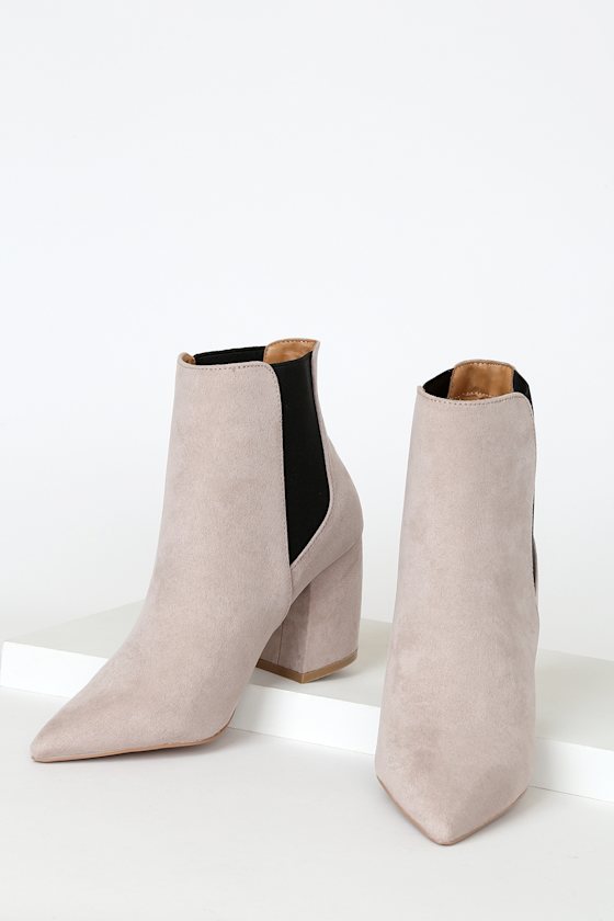 Cecy Taupe Suede Pointed Toe Ankle Booties 1