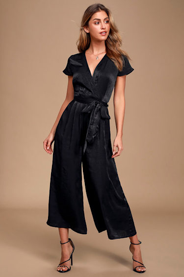 Ladies Jumpsuit Black Wrap Culotte Jumpsuit Black Satin Jumpsuit - Main Image