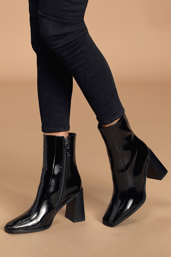 Kiaya Black Crinkle Patent Square Toe Mid-Calf Boots 5