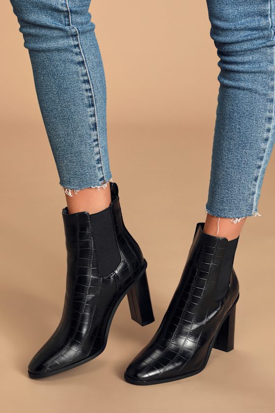 Scarlette-1 Black Crocodile Embossed Ankle Booties 4