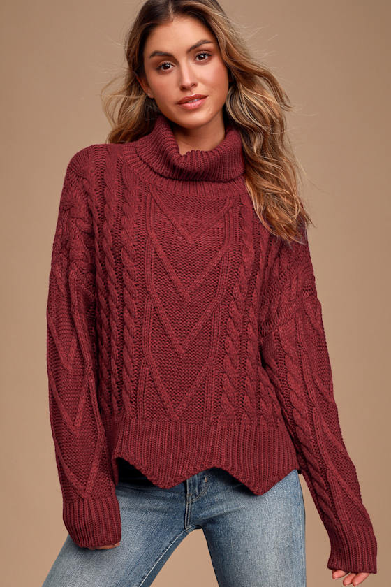 Call Me Cozy Wine Red Cable Knit Turtleneck Sweater 2