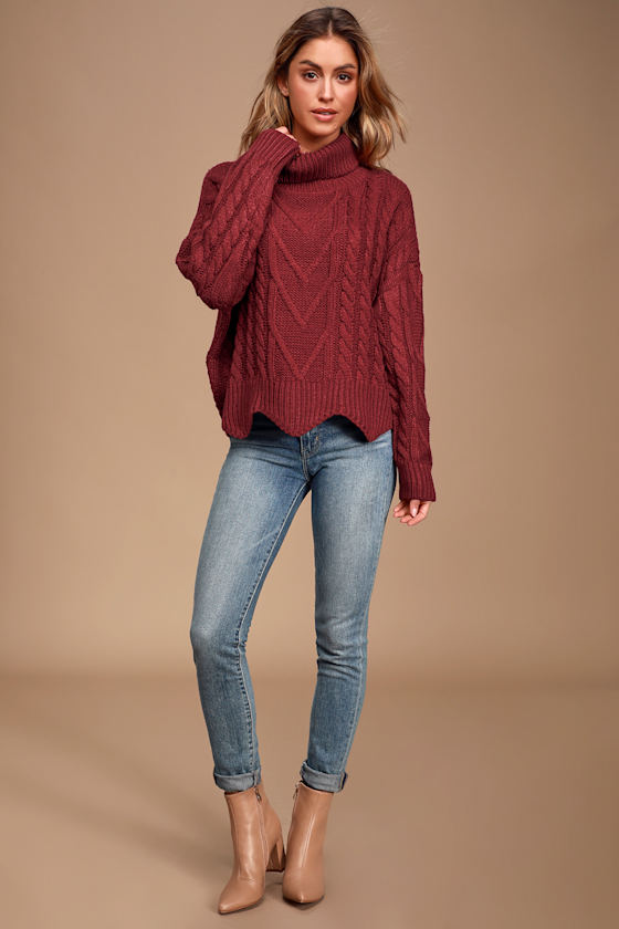 Call Me Cozy Wine Red Cable Knit Turtleneck Sweater 1