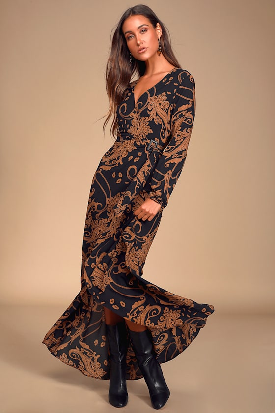 Musings Black and Brown Paisley Print Faux Wrap Maxi Dress 1