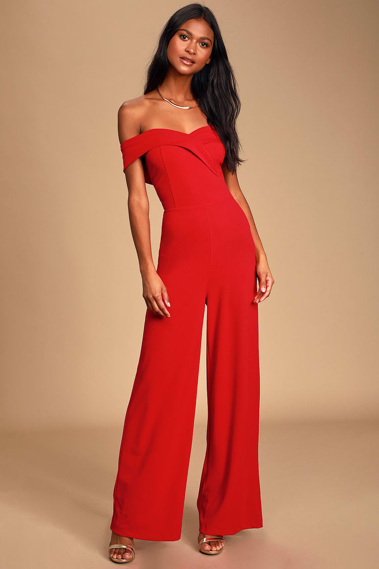 Chic Moment Red Off-the-Shoulder Jumpsuit