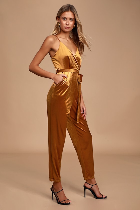 Regal Evening Copper Velvet Surplice Jumpsuit 4