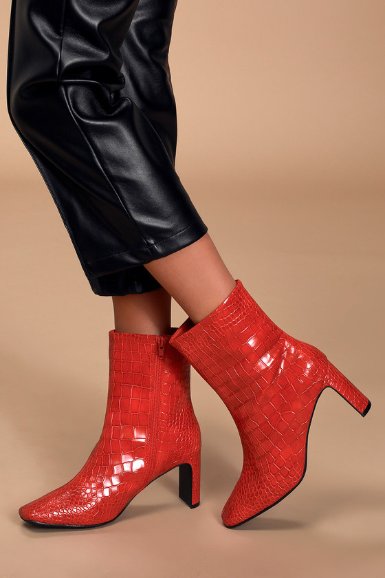 croc embossed leather square toe boots