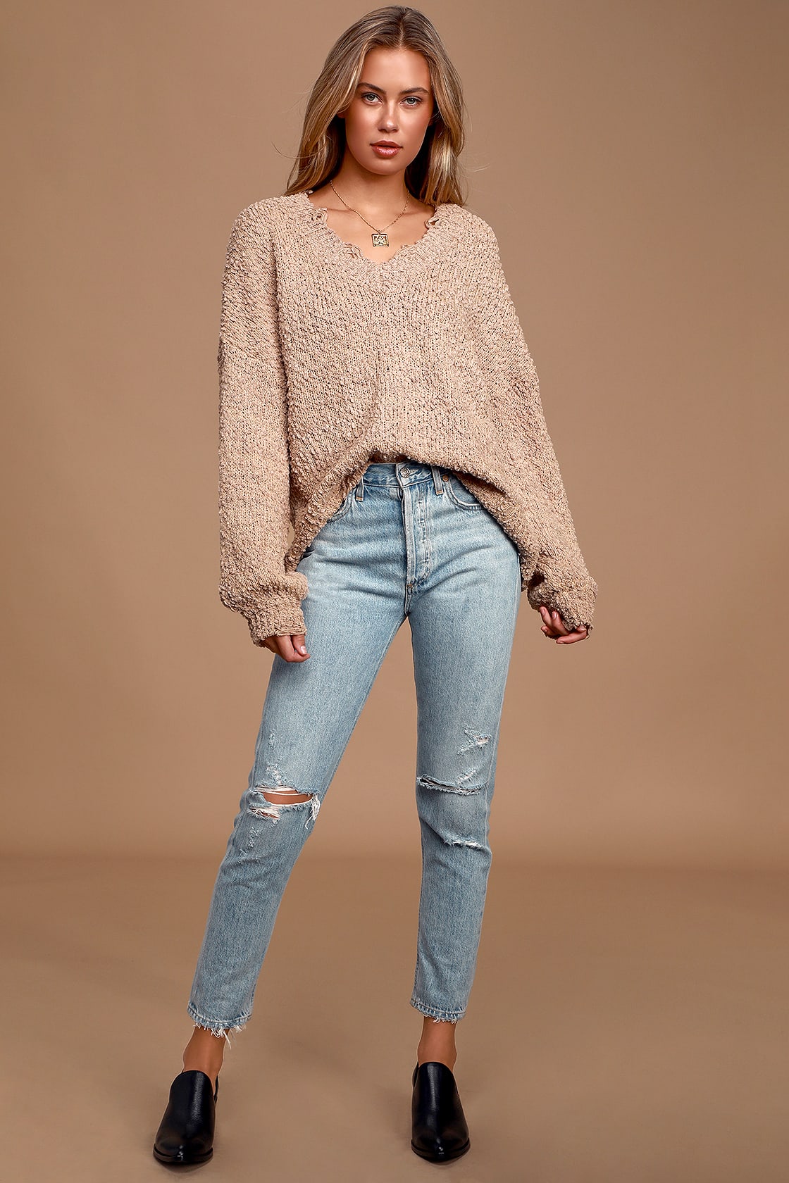 Cute Taupe Sweater - Distressed V-Neck Sweater - Boucle Knit - Lulus