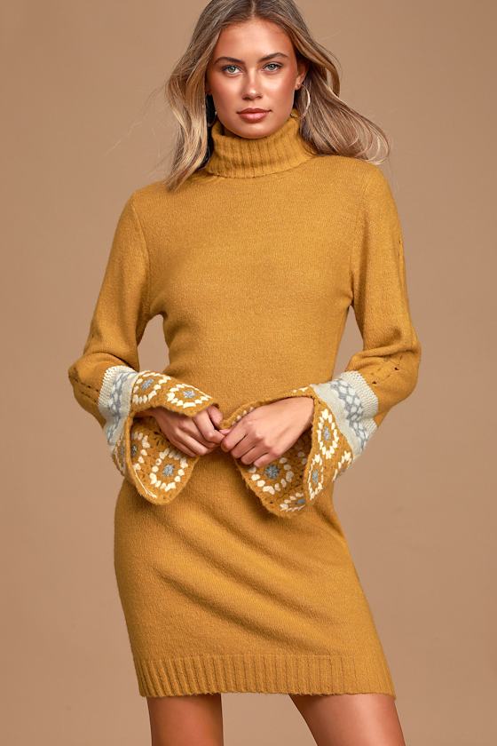 It's Groovy Mustard Yellow Multi Knit Turtleneck Sweater Dress