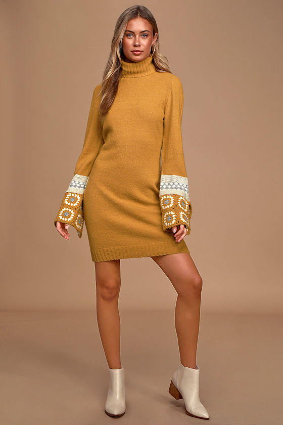 It's Groovy Mustard Yellow Multi Knit Turtleneck Sweater Dress