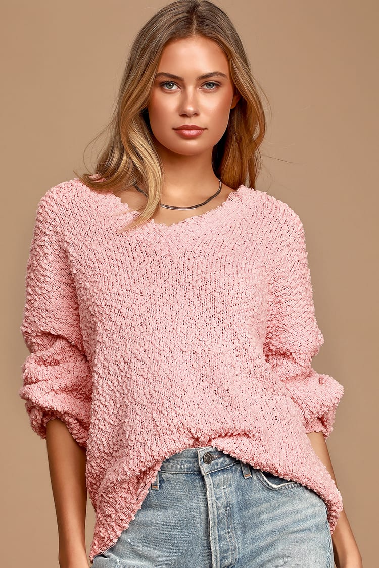 Happily Ever Effortless Light Pink Knit Distressed Sweater