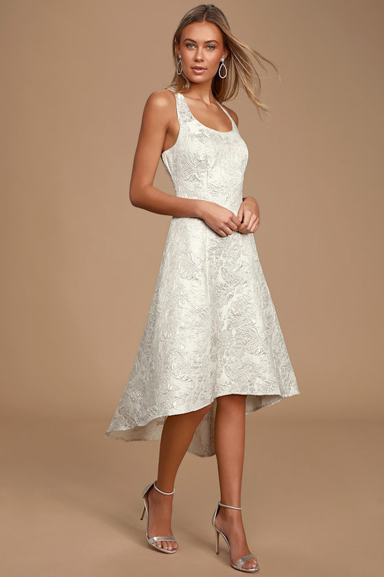 Vow or Never White Jacquard Floral Print High-Low Midi Dress 2