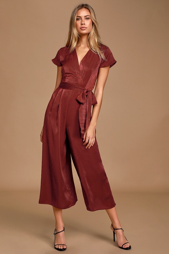 Simply Sleek Burgundy Satin Short Sleeve Culotte Jumpsuit