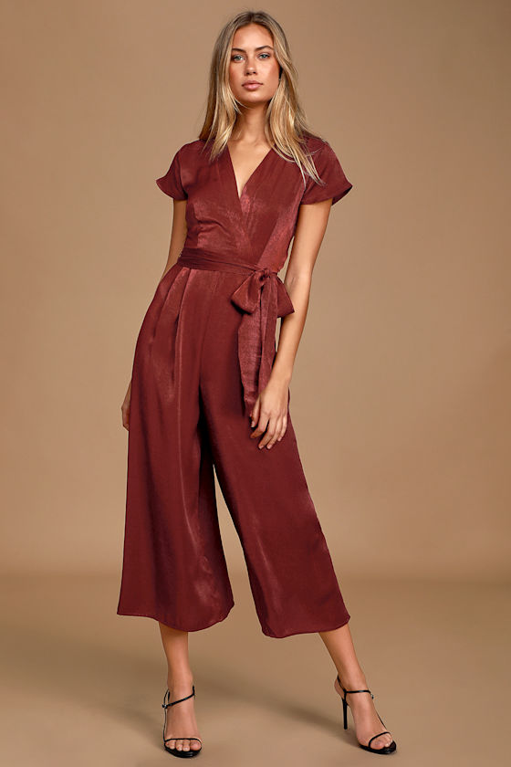Simply Sleek Burgundy Satin Short Sleeve Culotte Jumpsuit 2
