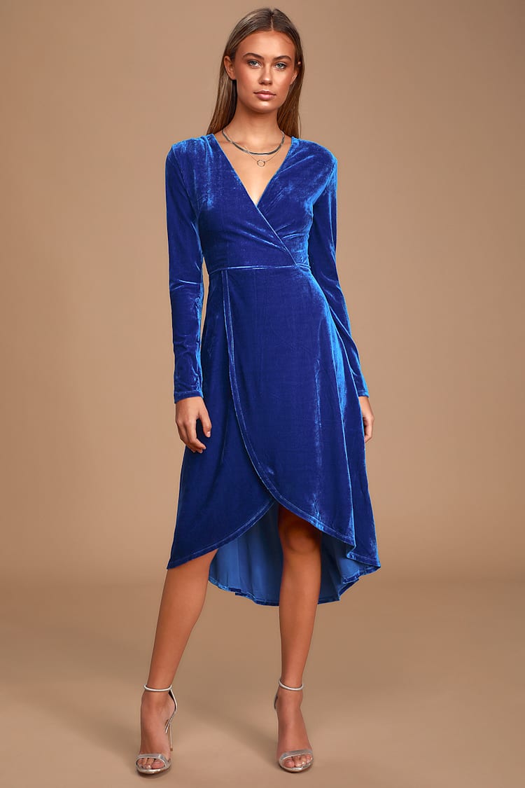 Silver Screen Cobalt Blue Velvet Long Sleeve Midi Dress