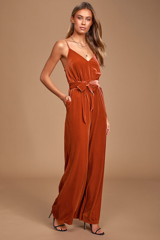 Lash Out Copper Velvet Wide Leg Sleeveless Jumpsuit 2