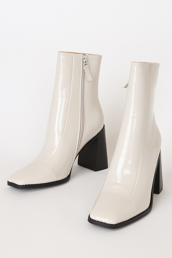 Kiaya Off White Patent Square Toe Mid-Calf Boots 2