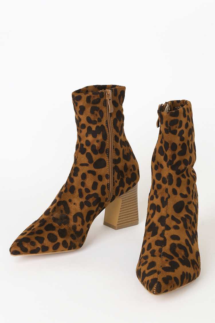 Inspicere skraber Hård ring RAID Eva - Leopard Print Booties - Sock Boots - Pointed-Toe Boots - Lulus