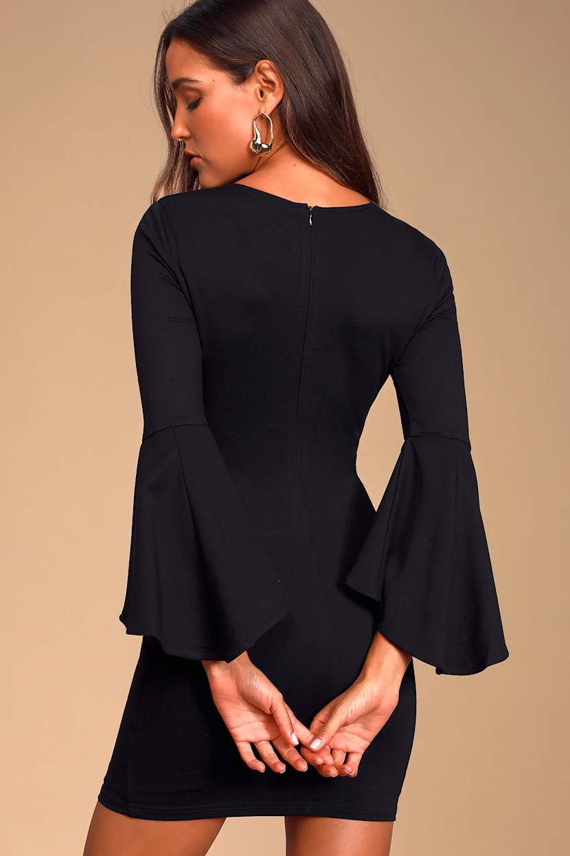 slim fit dress slacks Chic Affair Ruched Bell Sleeve Bodycon Mini Dress