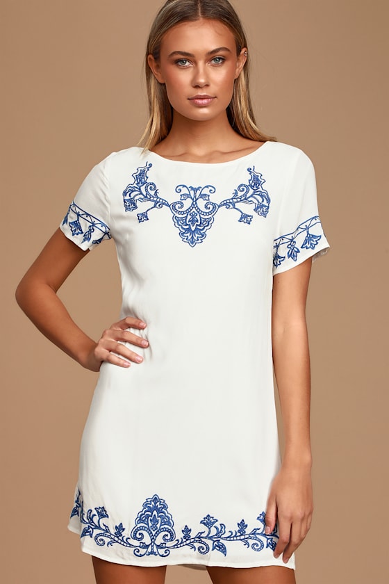 Tale to Tell Blue and Ivory Embroidered Shift Dress