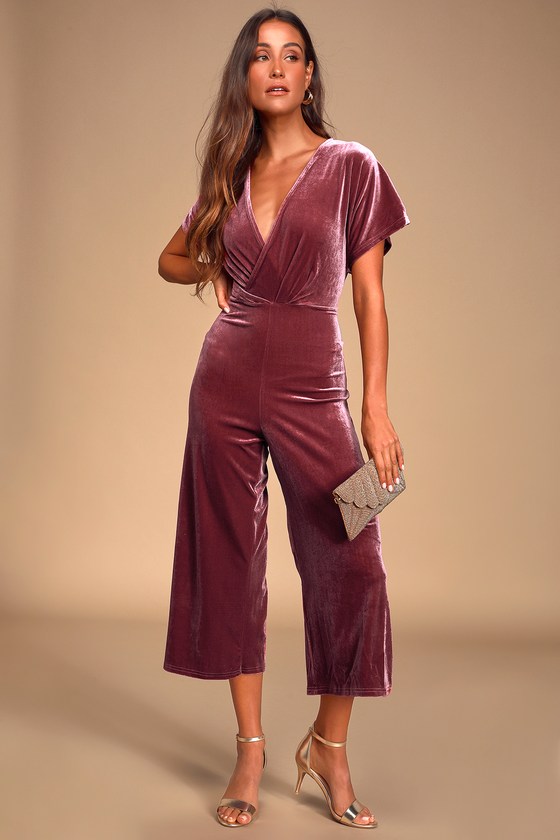 Cute Mauve Velvet Jumpsuit - Surplice Jumpsuit - Kimono Sleeve - Lulus