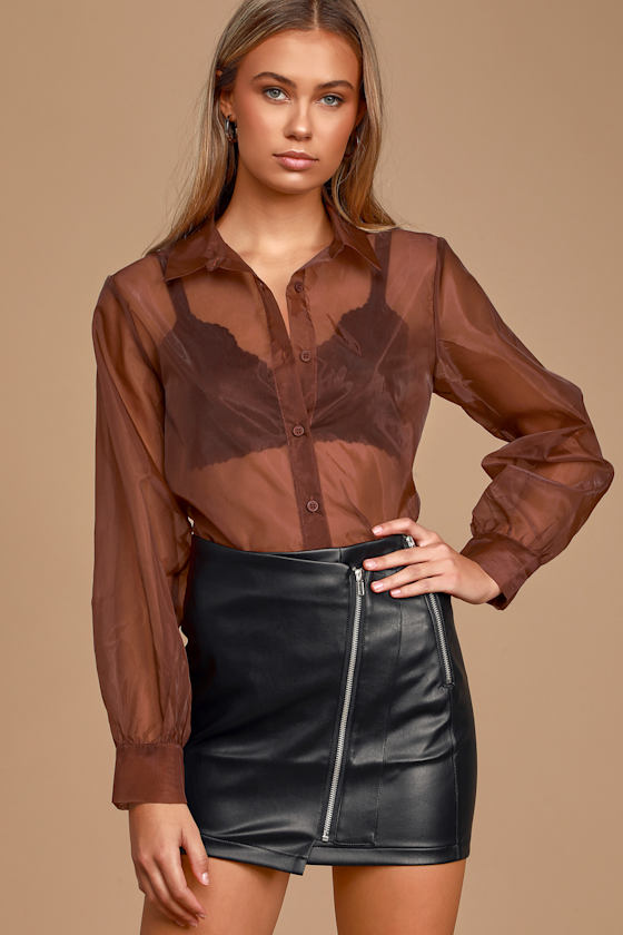 Sassy and Classy Rust Brown Sheer Button-Up Organza Top 2